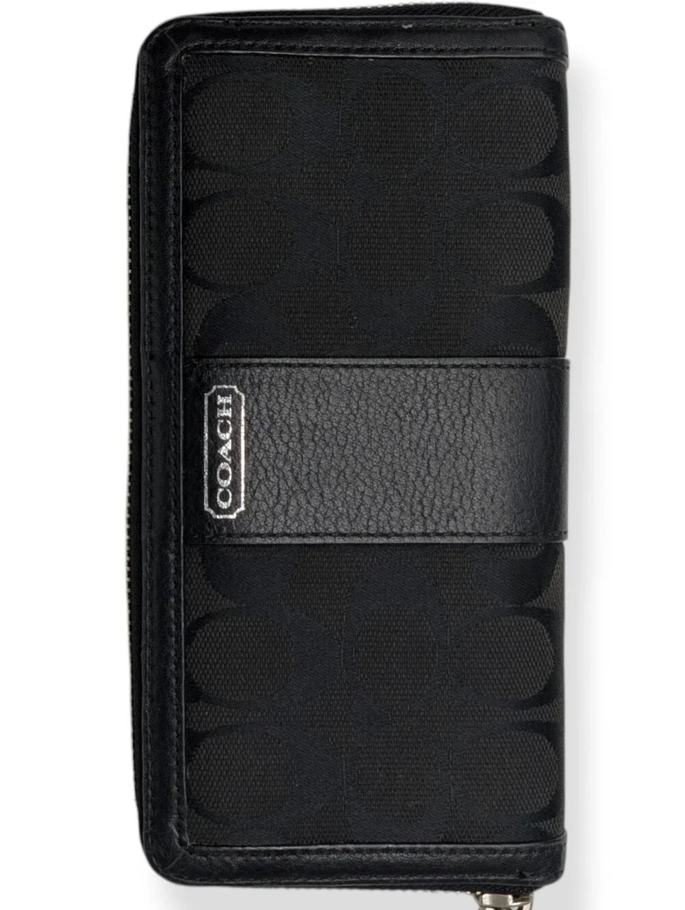 Coach Signature Wallet Black Jacquard C Logo Canvas Leather Zip Around Organizer